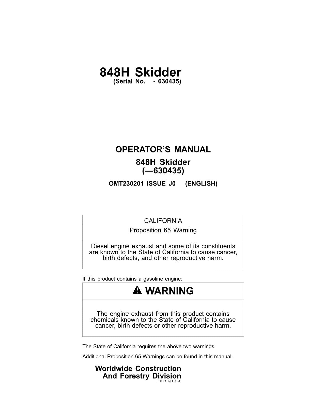 JOHN DEERE 848H SKIDDER  OPERATORS MANUAL