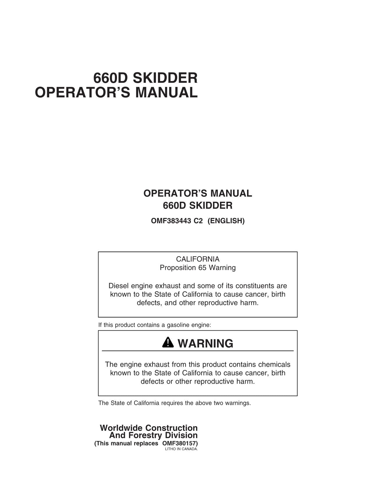 JOHN DEERE 660D SKIDDER OPERATORS MANUAL