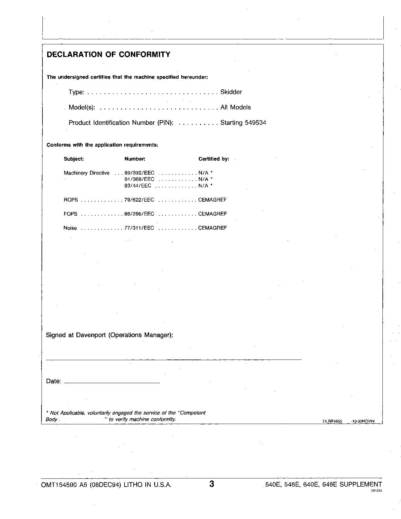 JOHN DEERE 540E 548E 640E 648E SKIDDER OPERATORS MANUAL