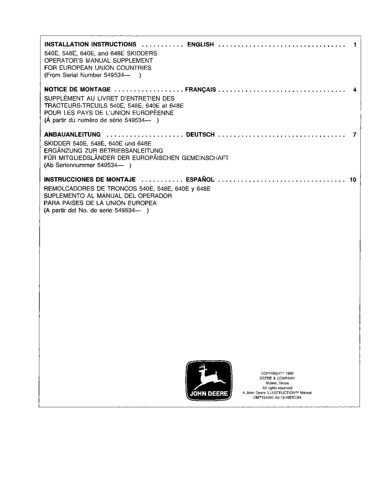 JOHN DEERE 540E 548E 640E 648E SKIDDER OPERATORS MANUAL