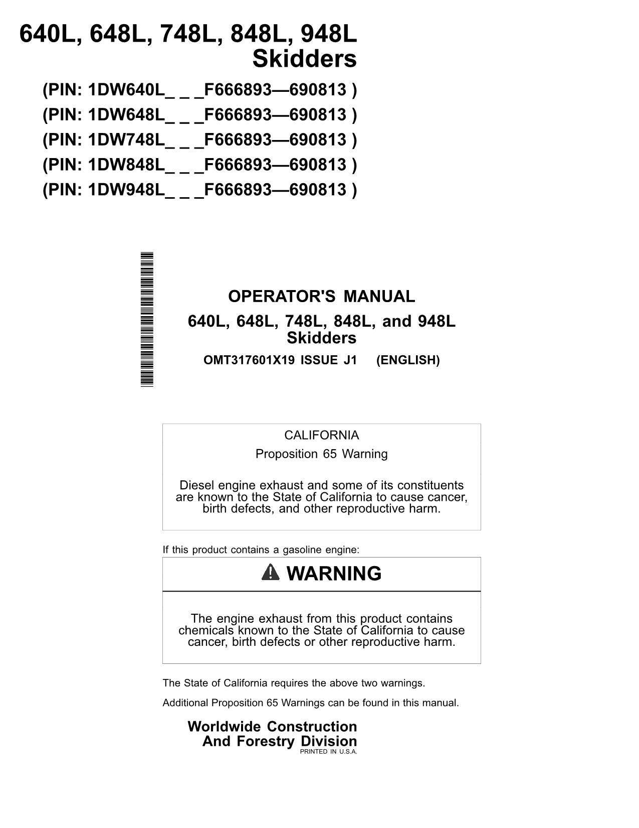 JOHN DEERE 640L 648L 748L 848L 948L SKIDDER OPERATORS MANUAL #1