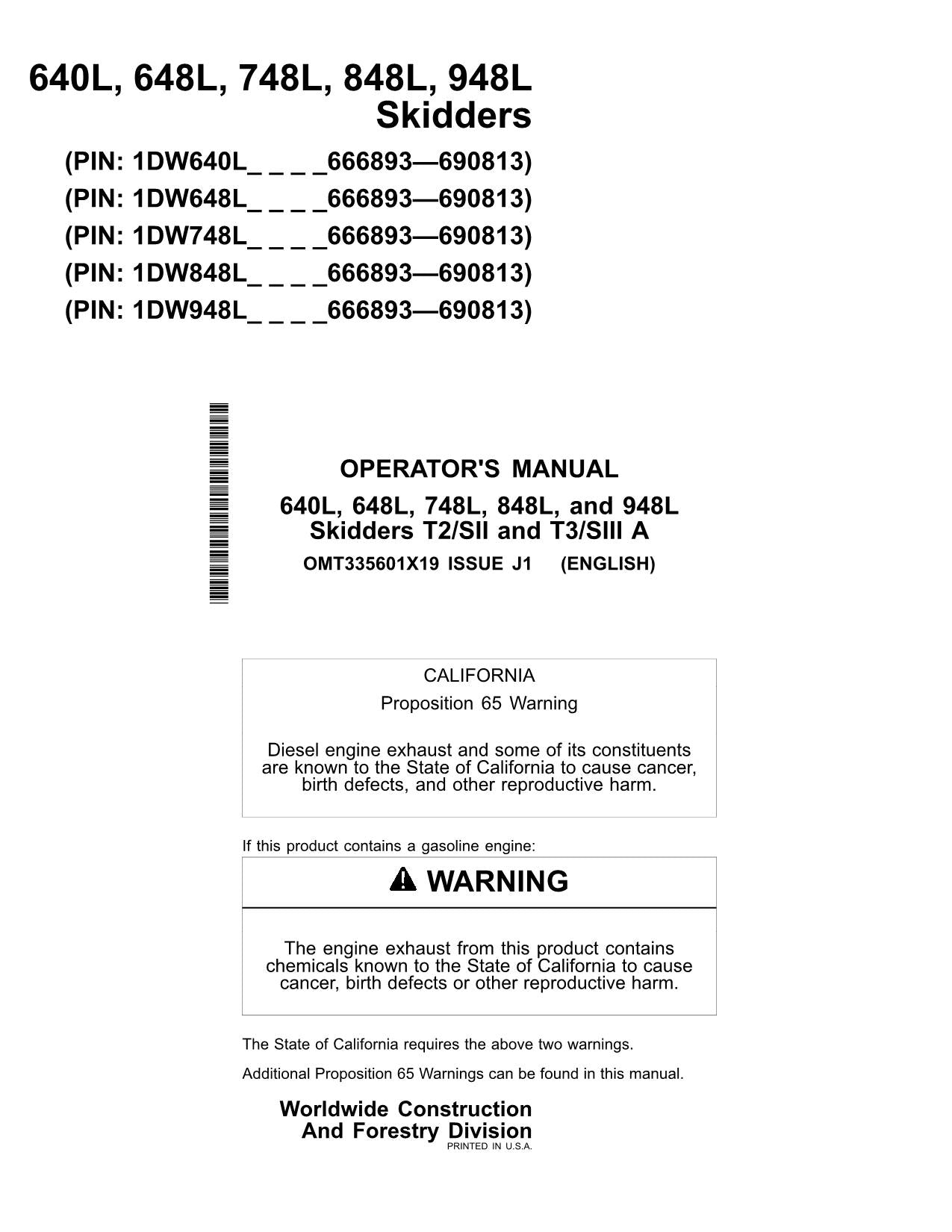 JOHN DEERE 640L 648L 748L 848L 948L SKIDDER OPERATORS MANUAL #2