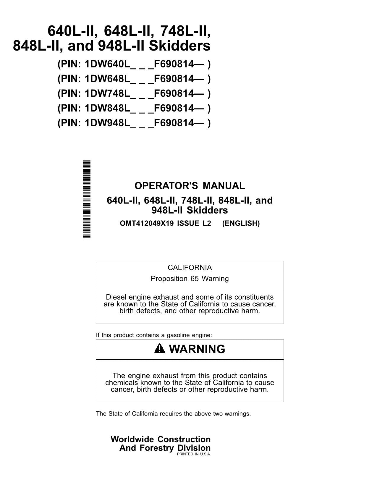 JOHN DEERE 640L-II 648L-II 748L-II 848L-II SKIDDER OPERATORS MANUAL #22