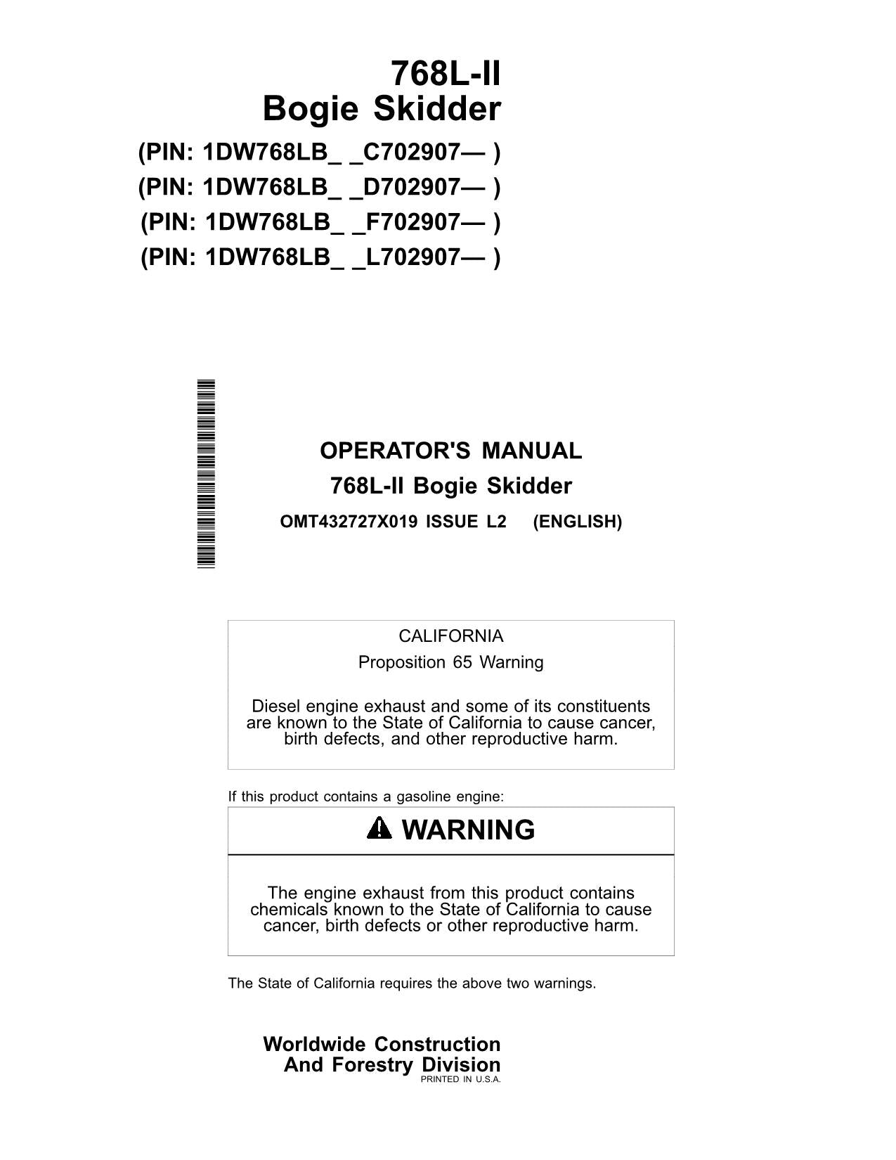 JOHN DEERE 768L-II SKIDDER OPERATORS MANUAL