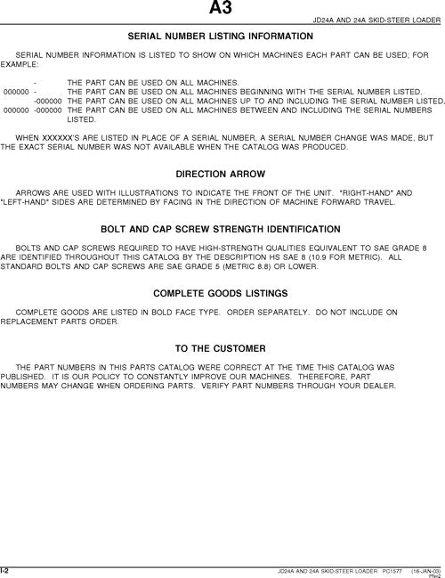 JOHN DEERE 24A SKID STEER PARTS CATALOG MANUAL