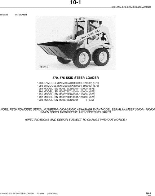 JOHN DEERE 570 575 SKID STEER PARTS CATALOG MANUAL