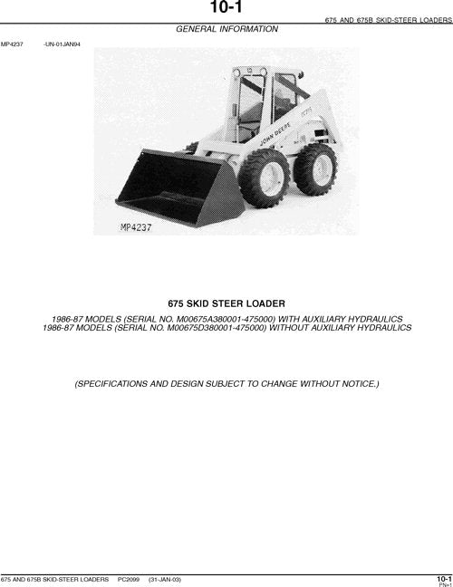 JOHN DEERE 675 675B SKID STEER PARTS CATALOG MANUAL