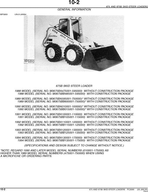 JOHN DEERE 675 675B SKID STEER PARTS CATALOG MANUAL