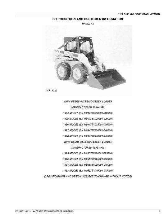 JOHN DEERE 4475 5575 SKID STEER PARTS CATALOG MANUAL