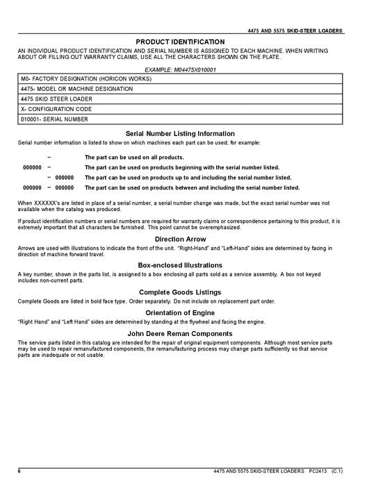 JOHN DEERE 4475 5575 SKID STEER PARTS CATALOG MANUAL