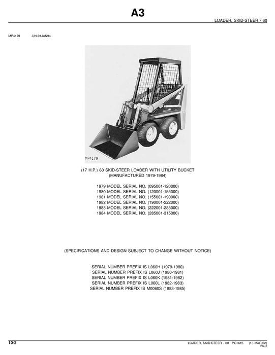 JOHN DEERE 60 SKID STEER PARTS CATALOG MANUAL