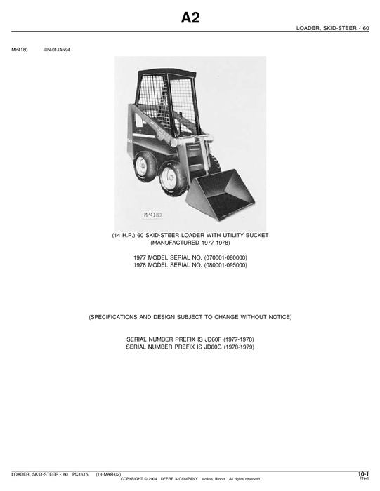 JOHN DEERE 60 SKID STEER PARTS CATALOG MANUAL