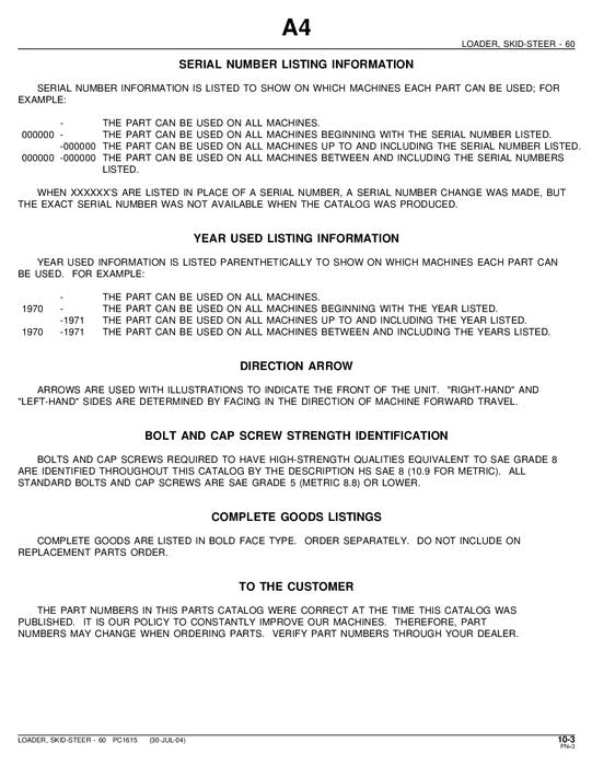 JOHN DEERE 60 SKID STEER PARTS CATALOG MANUAL