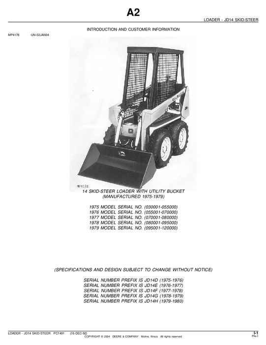 JOHN DEERE 14 SKID STEER PARTS CATALOG MANUAL