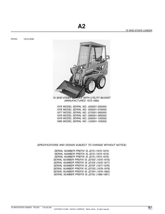 JOHN DEERE 70 SKID STEER PARTS CATALOG MANUAL