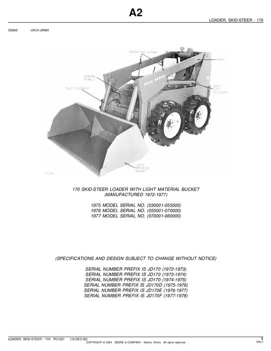 JOHN DEERE 170 SKID STEER PARTS CATALOG MANUAL