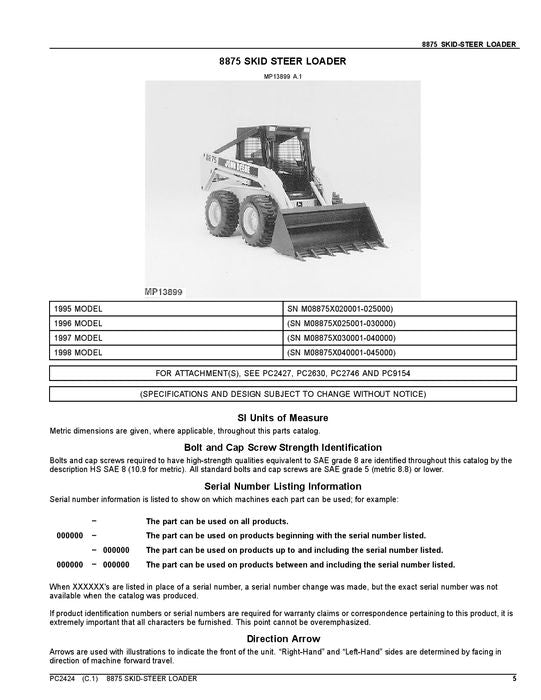 JOHN DEERE 8875 SKID STEER PARTS CATALOG MANUAL