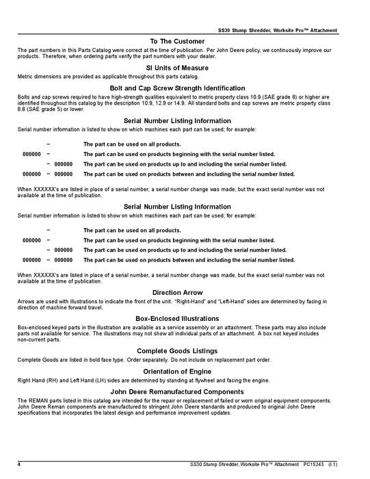 JOHN DEERE SS30 SKID STEER PARTS CATALOG MANUAL