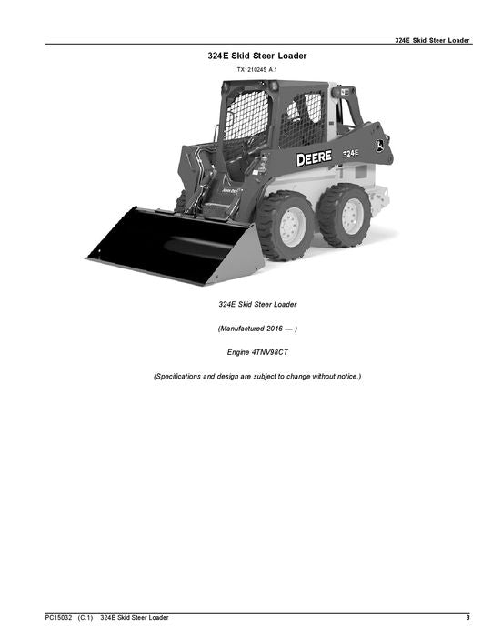 JOHN DEERE 324E SKID STEER PARTS CATALOG MANUAL #1