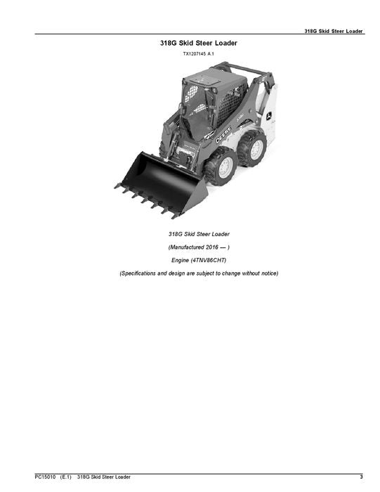 JOHN DEERE 318G SKID STEER PARTS CATALOG MANUAL ser J288093--