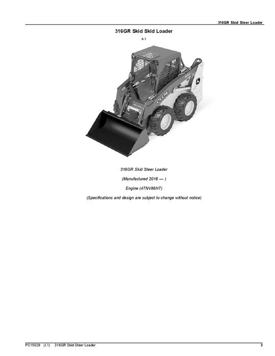 JOHN DEERE 316GR SKID STEER PARTS CATALOG MANUAL #1