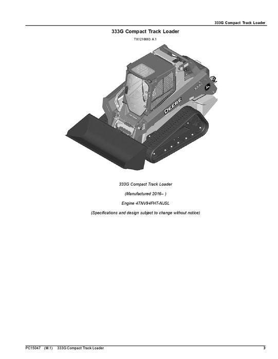 JOHN DEERE 333G SKID STEER PARTS CATALOG MANUAL ser F300253-