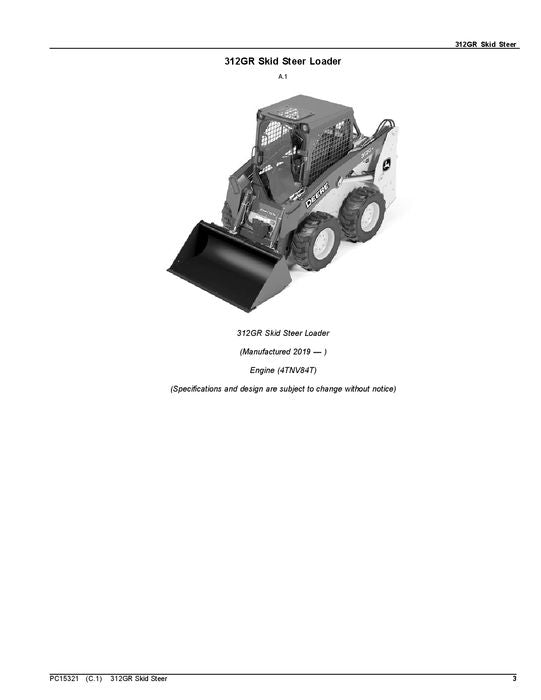 JOHN DEERE 312GR KOMPAKTLADER-ERSATZTEILKATALOGHANDBUCH Nr. 1