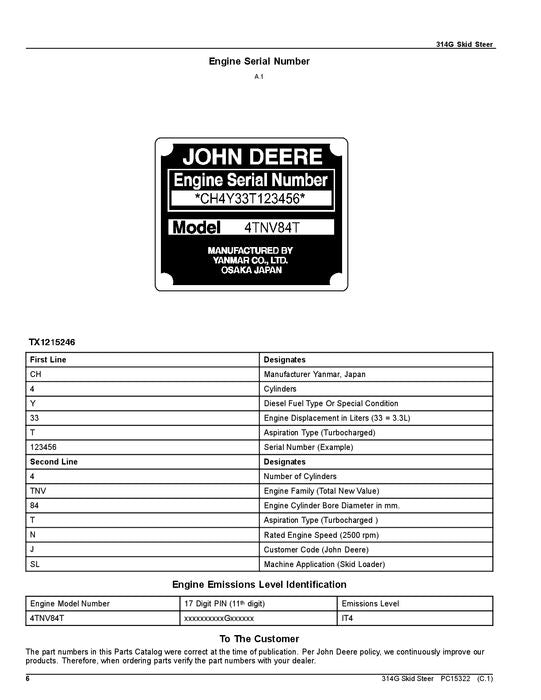 JOHN DEERE 314G SKID STEER PARTS CATALOG MANUAL #1