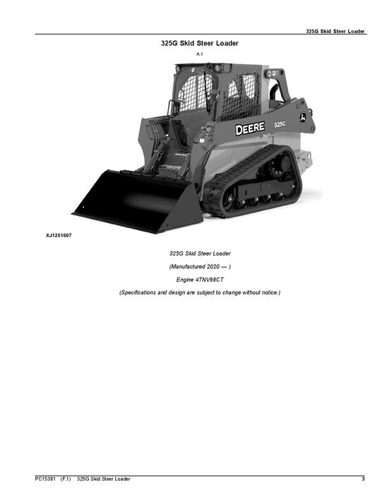 MANUEL DU CATALOGUE DES PIÈCES DE LA CHARGEUSE COMPACTE JOHN DEERE 325G SN J387407-