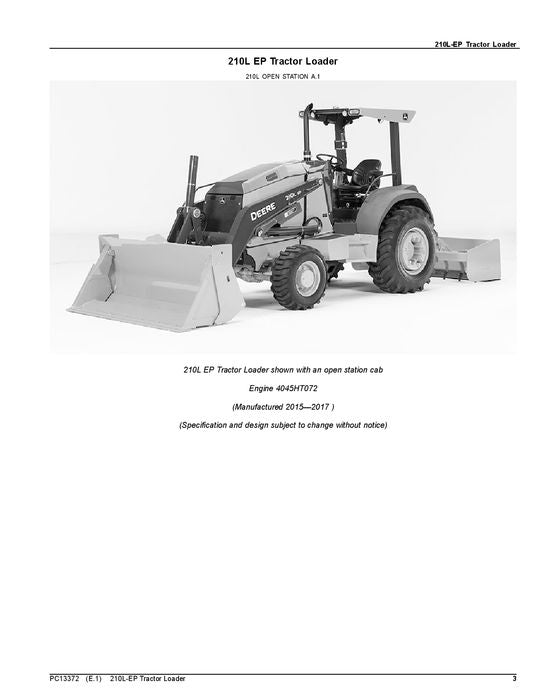 JOHN DEERE 210L EP TRACTOR LOADER PARTS CATALOG PC13372