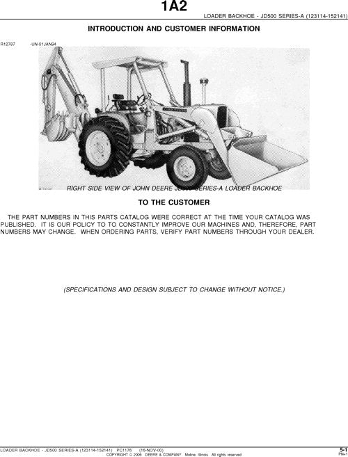 JOHN DEERE 500A TRACTOR LOADER BACKHOE PARTS CATALOG MANUAL PC1176