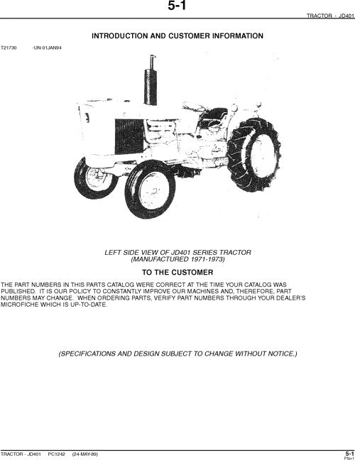 JOHN DEERE 401 TRACTOR PARTS CATALOG MANUAL