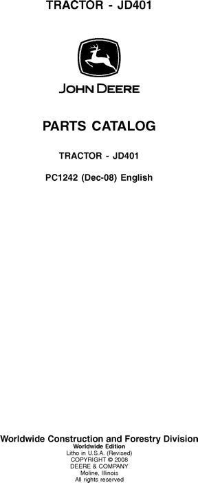 JOHN DEERE 401 TRACTOR PARTS CATALOG MANUAL