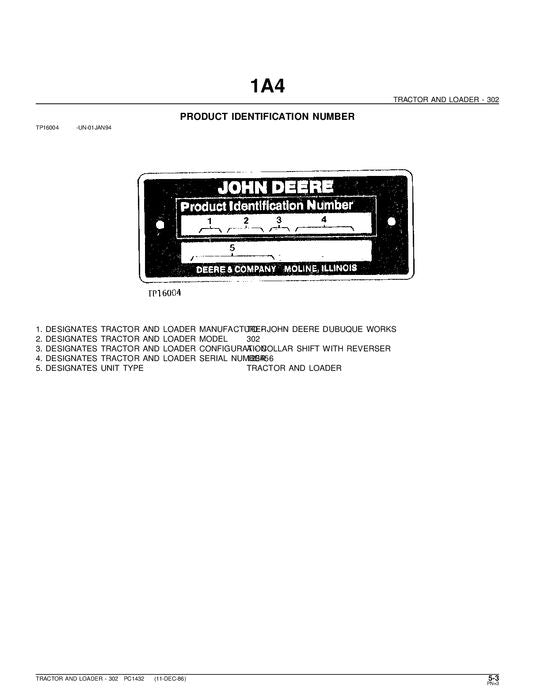 JOHN DEERE 302 TRACTOR PARTS CATALOG MANUAL