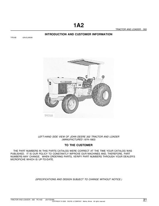 JOHN DEERE 302 TRACTOR PARTS CATALOG MANUAL