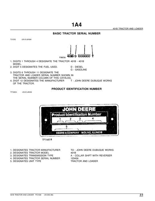 JOHN DEERE 401B TRACTOR PARTS CATALOG MANUAL