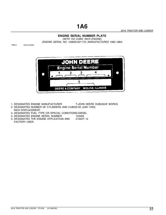 JOHN DEERE 301A TRACTOR PARTS CATALOG MANUAL