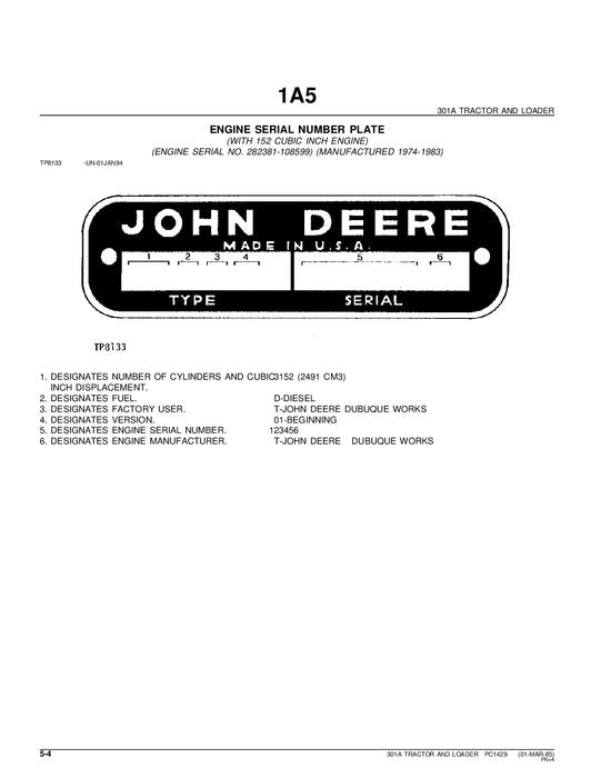 JOHN DEERE 301A TRACTOR PARTS CATALOG MANUAL