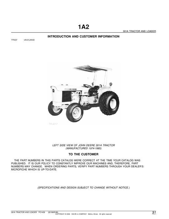 JOHN DEERE 301A TRACTOR PARTS CATALOG MANUAL