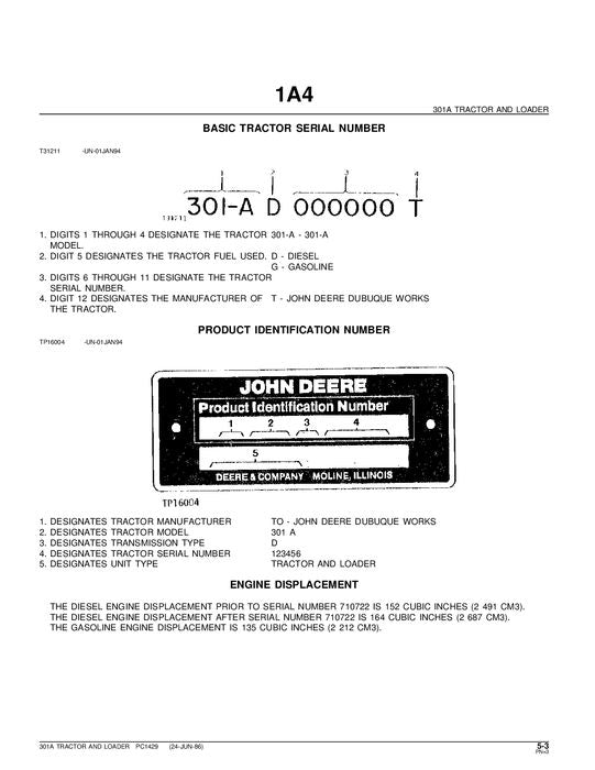 JOHN DEERE 301A TRAKTOR ERSATZTEILKATALOGHANDBUCH