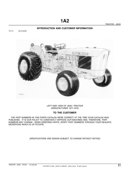 JOHN DEERE 301 TRACTOR PARTS CATALOG MANUAL