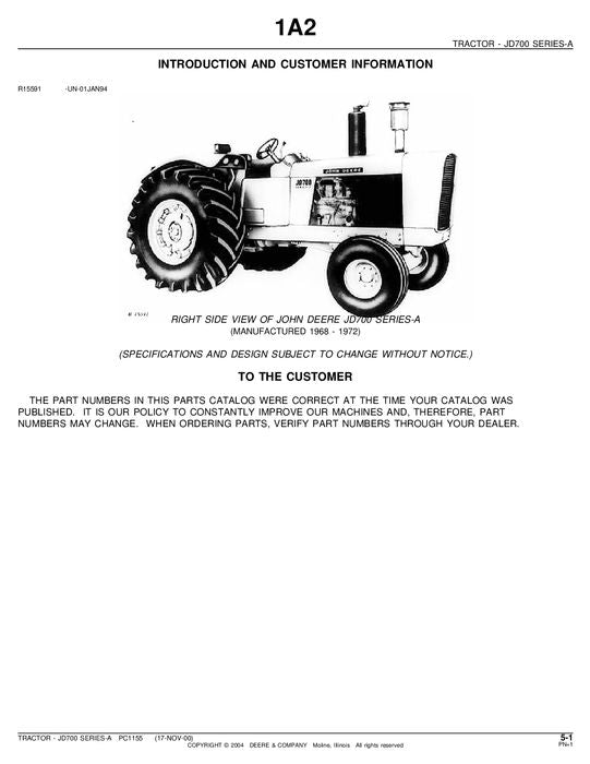 MANUEL DU CATALOGUE DES PIÈCES DU TRACTEUR JOHN DEERE 700A