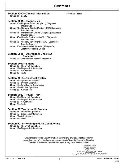 JOHN DEERE 315SK BACKHOE LOADER OPERATION TEST SERVICE MANUAL