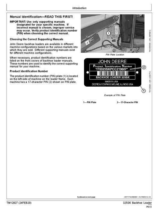 JOHN DEERE 325SK BACKHOE LOADER OPERATION TEST SERVICE TECHNICAL MANUAL TM12827