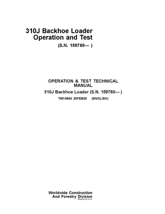 JOHN DEERE 310J BACKHOE LOADER OPERATION TEST SERVICE MANUAL SN 159760- TM10846