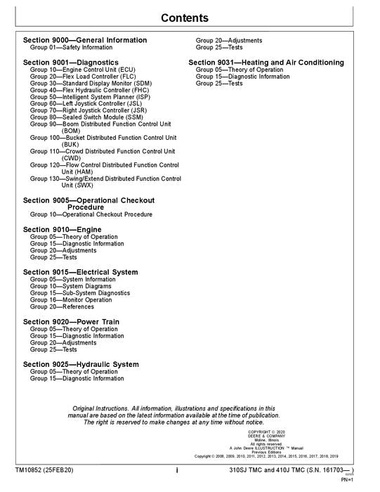 JOHN DEERE 310SJ 410J TMC BAGGERLADER-BETRIEBSTEST-SERVICEHANDBUCH Nr. 1