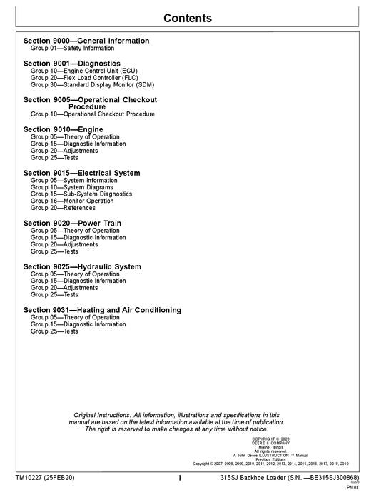 JOHN DEERE 315SJ BACKHOE LOADER OPERATION TEST SERVICE TECHNICAL MANUAL TM10227