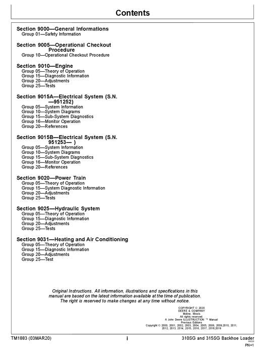 JOHN DEERE 310SG 315SG BACKHOE LOADER OPERATION TEST SERVICE MANUAL