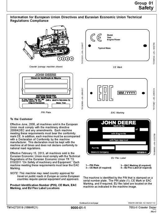 JOHN DEERE 700J-II CRAWLER DOZER OPERATION TEST SERVICE MANUAL TM14273X19