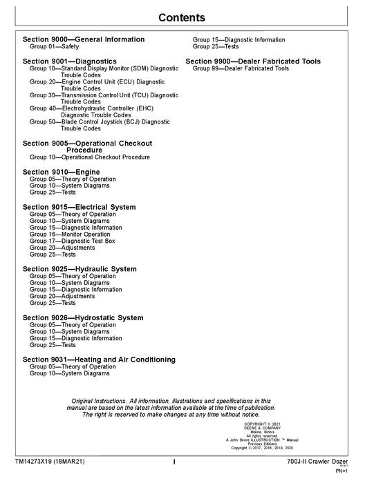 JOHN DEERE 700J-II CRAWLER DOZER OPERATION TEST SERVICE MANUAL TM14273X19